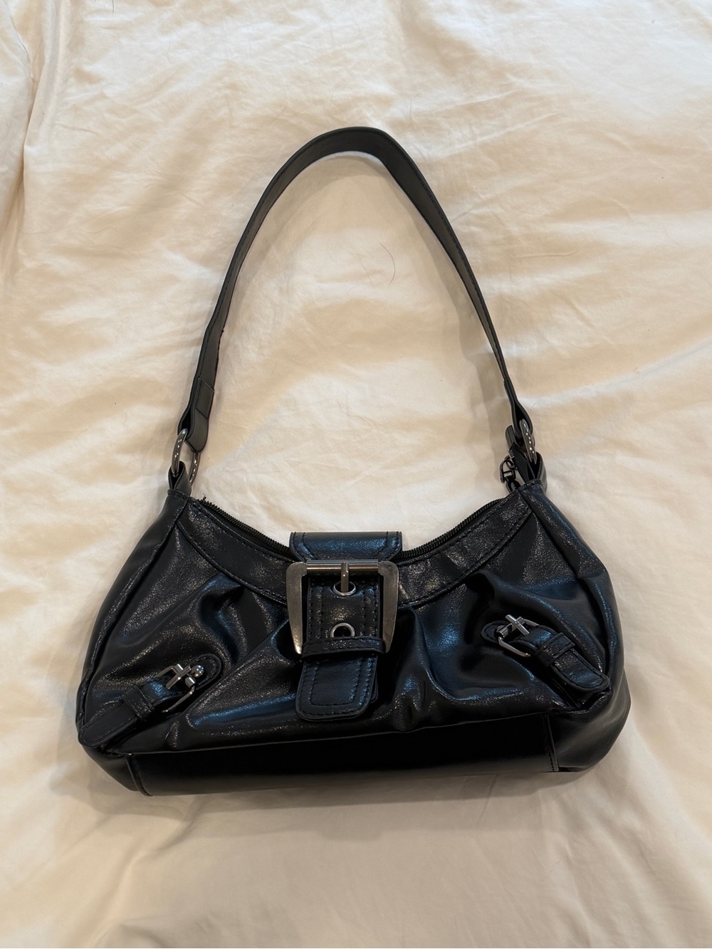 Classic Black Shoulder Bag with Buckle Detail